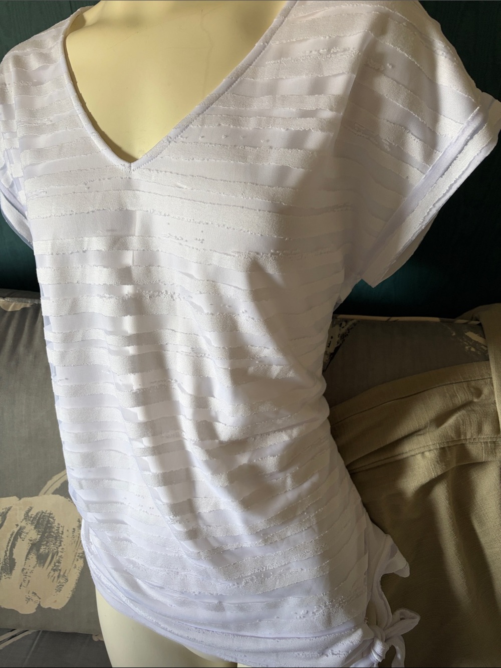 Women’s Classic White V-Neck Short Sleeve Tee with Side Tie